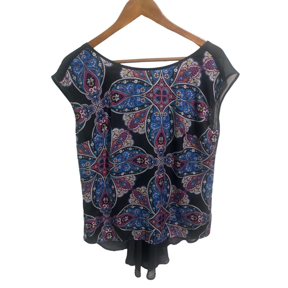 Nicole by Nicole Miller Blouse M Sleeveless Paisley High Low Sheer Tie Back